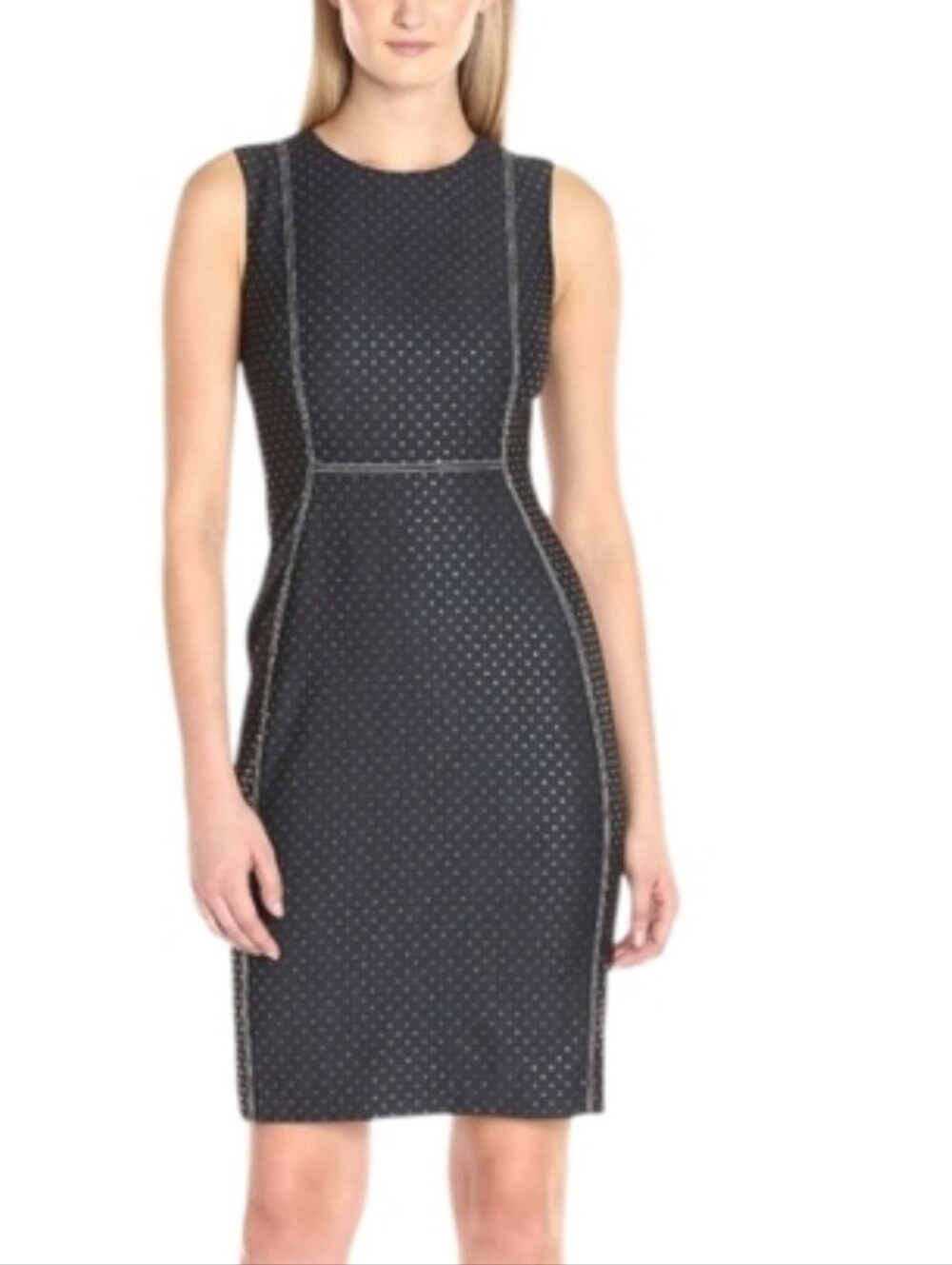 CALVIN KLEIN Square Dot Dark BLUE Denim SLEEVELESS SHEATH Office Siren Sz 14